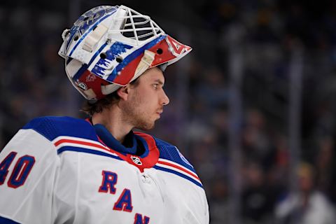 Mar 10, 2022; St. Louis, Missouri, USA; New York Rangers goaltender Alexandar Georgiev (40) looks on in a game against the St. Louis Blues during the second period at Enterprise Center. Mandatory Credit: Jeff Le-USA TODAY Sports