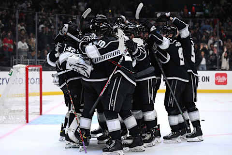 Mar 13, 2022; Los Angeles, California, USA; Kings players. Mandatory Credit: Orlando Ramirez-USA TODAY Sports