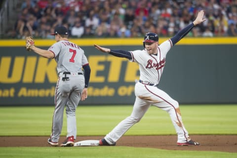 ATLANTA, GA – June 01: Freddie Freeman #5 of the Atlanta Braves slides into second during the game against the Washington Nationals at SunTrust Park on June 1, 2018, in Atlanta, Georgia.The Braves won 4-0. (Photo by Cameron Hart/Beam Imagination/Atlanta Braves/Getty Images)