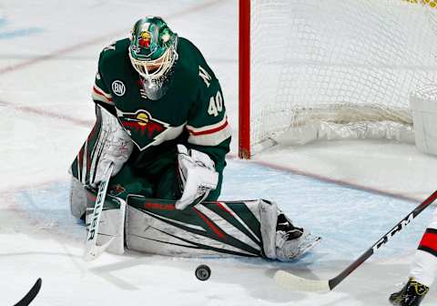 ST. PAUL, MN – NOVEMBER 21: Devan Dubnyk #40 of the Minnesota Wild makes a save during a game with the Ottawa Senators at Xcel Energy Center on November 21, 2018 in St. Paul, Minnesota.(Photo by Bruce Kluckhohn/NHLI via Getty Images)