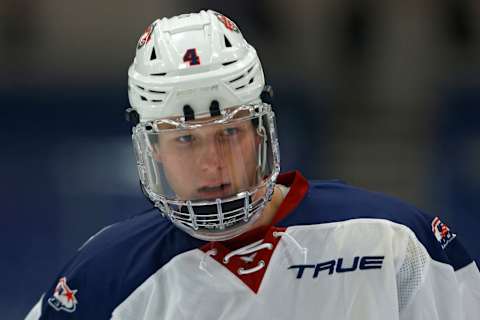 PLYMOUTH, MICHIGAN – JANUARY 16: Brady Cleveland #4 before the 2023 BioSteel All-American game at USA Hockey Arena on January 16, 2023 in Plymouth, Michigan. (Photo by Mike Mulholland/Getty Images)