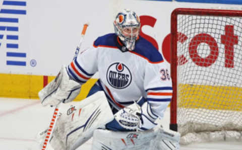 TORONTO, CANADA – MARCH 11: Jack Campbell #36 of the Edmonton Oilers warms up prior to action against the Toronto Maple Leafs in an NHL game at Scotiabank Arena on March 11, 2023 in Toronto, Ontario, Canada. The Maple Leafs defeated the Oilers 7-4. (Photo by Claus Andersen/Getty Images)