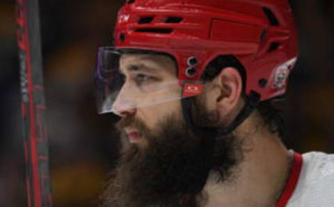 Apr 6, 2023; Nashville, Tennessee, USA; Carolina Hurricanes defenseman Brent Burns (8) skates in for a face off during the first period against the Nashville Predators at Bridgestone Arena. Mandatory Credit: Christopher Hanewinckel-USA TODAY Sports