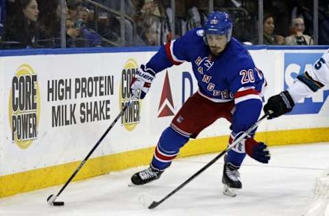 NHL Power Rankings: New York Rangers left wing Chris Kreider (20) controls the puck during the second period against the San Jose Sharks at Madison Square Garden. Mandatory Credit: Adam Hunger-USA TODAY Sports