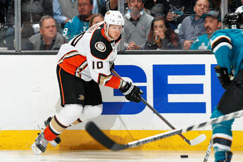 SAN JOSE, CA – APRIL 18: Corey Perry #10 of the Anaheim Ducks moves the puck against the San Jose Sharks in Game Four of the Western Conference First Round during the 2018 NHL Stanley Cup Playoffs at SAP Center on April 18, 2018, in San Jose, California. (Photo by Scott Dinn/NHLI via Getty Images)