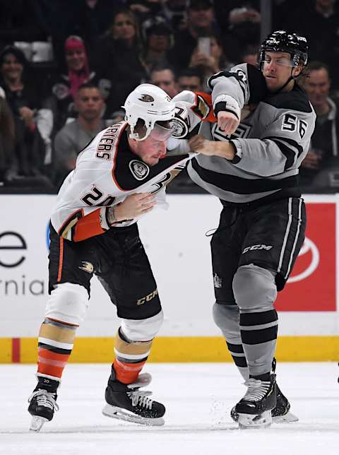 LOS ANGELES, CALIFORNIA – FEBRUARY 01: Kurtis MacDermid #56 of the Los Angeles Kings and Nicolas Deslauriers #20 of the Anaheim Ducks fight during the second period at Staples Center on February 01, 2020 in Los Angeles, California. (Photo by Harry How/Getty Images)