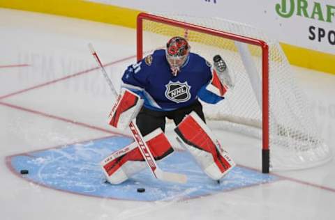 LAS VEGAS, NEVADA – FEBRUARY 05: Frederik Andersen #31 of the Carolina Hurricanes warms up prior to the 2022 Honda NHL All-Star Game at T-Mobile Arena on February 05, 2022, in Las Vegas, Nevada. (Photo by David Becker/Getty Images)