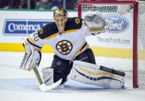 Feb 20, 2016; Dallas, TX, USA; Boston Bruins goalie Tuukka Rask (40) faces the Dallas Stars attack during the first period at the American Airlines Center. Mandatory Credit: Jerome Miron-USA TODAY Sports