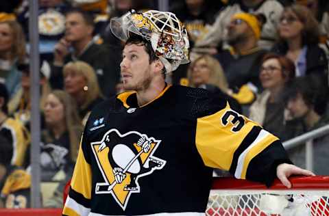 Apr 1, 2023; Pittsburgh, Pennsylvania, USA; Pittsburgh Penguins goaltender Tristan Jarry (35) looks on during a time-out against the Boston Bruins in the second period at PPG Paints Arena. Mandatory Credit: Charles LeClaire-USA TODAY Sports