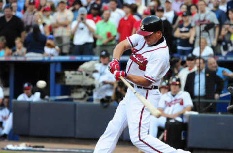 ATLANTA, GA – OCTOBER 5: Chipper Jones #10 of the Atlanta Braves hits against the St. Louis Cardinals during the National League Wild Card Game at Turner Field on October 5, 2012 in Atlanta, Georgia. (Photo by Scott Cunningham/Getty Images)