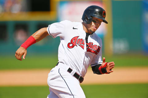 Jul 25, 2021; Cleveland, Ohio, USA; Cleveland Indians second baseman Cesar Hernandez (7) runs home to score during the eighth inning against the Tampa Bay Rays at Progressive Field. Mandatory Credit: Ken Blaze-USA TODAY Sports