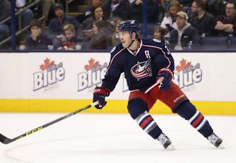 Feb 11, 2016; Columbus, OH, USA; Columbus Blue Jackets center Boone Jenner (38) against the Anaheim Ducks at Nationwide Arena. The Blue Jackets won 4-3 in a shootout. Mandatory Credit: Aaron Doster-USA TODAY Sports