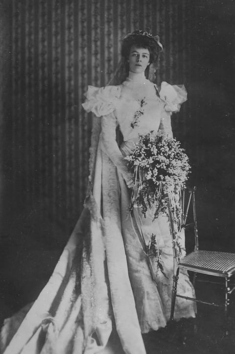 Eleanor Roosevelt wears her wedding dress in a portrait taken in 1905.