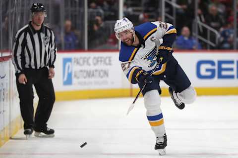 DENVER, CO – NOVEMBER 30: Alex Pietrangelo #27 of the St Louis Blues advances the puck against the Colorado Avalanche at the Pepsi Center on November 30, 2018 in Denver, Colorado. (Photo by Matthew Stockman/Getty Images)