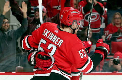 RALEIGH, NC – MARCH 31: Jeff Skinner #53 of the Carolina Hurricanes celebrates his third period goal against the New York Rangers with Derek Ryan during an NHL game on March 31, 2018 at PNC Arena in Raleigh, North Carolina. (Photo by Gregg Forwerck/NHLI via Getty Images)