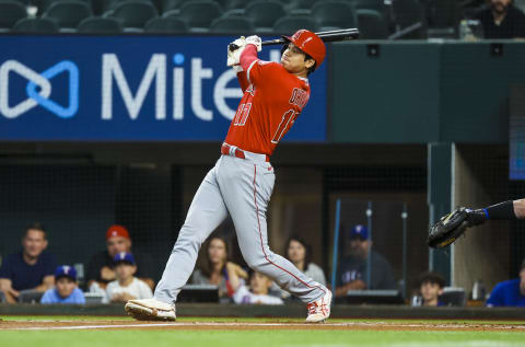 May 16, 2022; Arlington, Texas, USA; Los Angeles Angels designated hitter Shohei Ohtani (17) hits a two-run double during the first inning against the Texas Rangers at Globe Life Field. Mandatory Credit: Kevin Jairaj-USA TODAY Sports