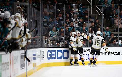 SAN JOSE, CALIFORNIA – OCTOBER 04: Tomas Nosek #92 of the Vegas Golden Knights is congratulated by Brandon Pirri #73 and Jon Merrill #15 after he scored in the second period against the San Jose Sharks at SAP Center on October 04, 2019 in San Jose, California. (Photo by Ezra Shaw/Getty Images)