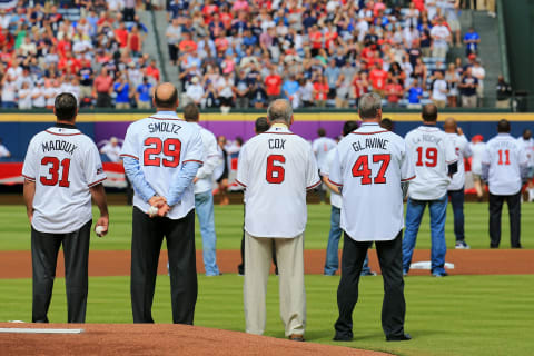 ATLANTA, GA – OCTOBER 02: Former Atlanta Braves players Tom Gllavine, John Smmoltz, and Greg Madddux and manager Bobbby Cox  (Photo by Daniel Shirey/Getty Images)