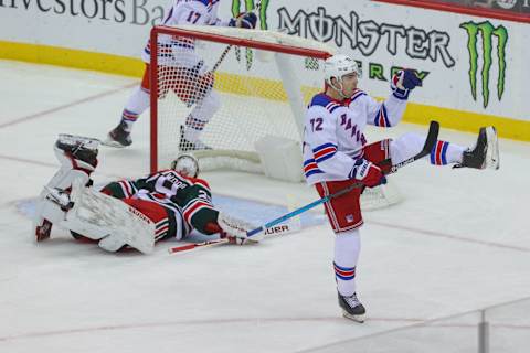 Mar 6, 2021; Newark, New Jersey, USA; New York Rangers center Filip Chytil (72) celebrates his third period goal against New Jersey Devils goaltender Mackenzie Blackwood (29) at Prudential Center. Mandatory Credit: Ed Mulholland-USA TODAY Sports