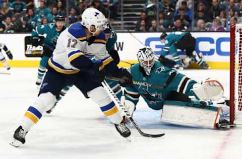 SAN JOSE, CALIFORNIA – MAY 19: Martin Jones #31 of the San Jose Sharks makes a save on a backhand shot by Jaden Schwartz #17 of the St. Louis Blues in Game Five of the Western Conference Final during the 2019 NHL Stanley Cup Playoffs at SAP Center on May 19, 2019 in San Jose, California. (Photo by Ezra Shaw/Getty Images)