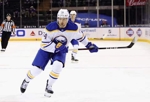 NEW YORK, NEW YORK – MARCH 22: Rasmus Asplund #74 of the Buffalo Sabres skates against the New York Rangers at Madison Square Garden on March 22, 2021 in New York City. (Photo by Bruce Bennett/Getty Images)