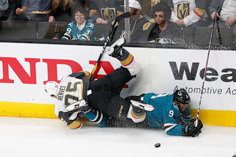 Ryan Reaves #75 of the Vegas Golden Knights, Evander Kane #9 of the San Jose Sharks. (Photo by Lachlan Cunningham/Getty Images)