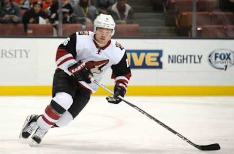 November 9, 2015; Anaheim, CA, USA; Arizona Coyotes center Max Domi (16) moves into position against Anaheim Ducks during the first period at Honda Center. Mandatory Credit: Gary A. Vasquez-USA TODAY Sports