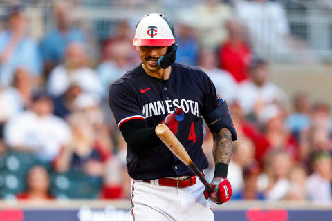 MINNEAPOLIS, MINNESOTA – JUNE 20: Carlos Correa #4 of the Minnesota Twins reacts to his strikeout against the Boston Red Sox in the fifth inning at Target Field on June 20, 2023 in Minneapolis, Minnesota. The Red Sox defeated the Twins 10-4. (Photo by David Berding/Getty Images)