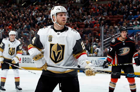 ANAHEIM, CA – DECEMBER 27: Oscar Lindberg #24 of the Vegas Golden Knights watches the puck on December 27, 2017, at Honda Center against the Anaheim Ducks in Anaheim, California. (Photo by Debora Robinson/NHLI via Getty Images)