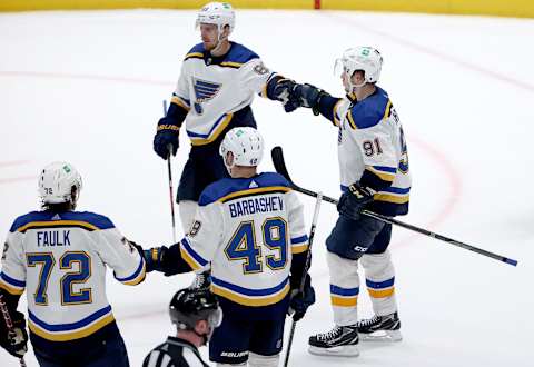 DALLAS, TEXAS – DECEMBER 14: Vladimir Tarasenko #91 of the St. Louis Blues celebrates with Pavel Buchnevich #89 of the St. Louis Blue, Justin Faulk #72 of the St. Louis Blues and Ivan Barbashev #49 of the St. Louis Blues after scoring a goal against the Dallas Stars in the third period at American Airlines Center on December 14, 2021 in Dallas, Texas. (Photo by Tom Pennington/Getty Images)