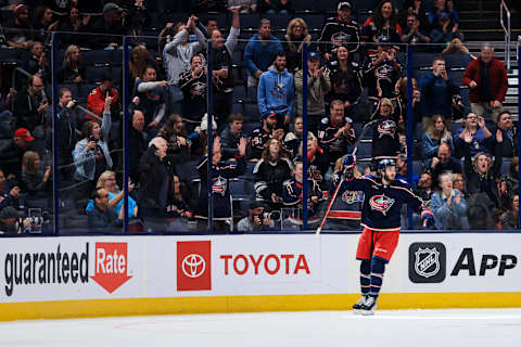 Sep 28, 2022; Columbus, Ohio, USA; Columbus Blue Jackets right wing Kirill Marchenko (86) celebrates scoring a goal against the Buffalo Sabres in the first period at Nationwide Arena. Mandatory Credit: Aaron Doster-USA TODAY Sports