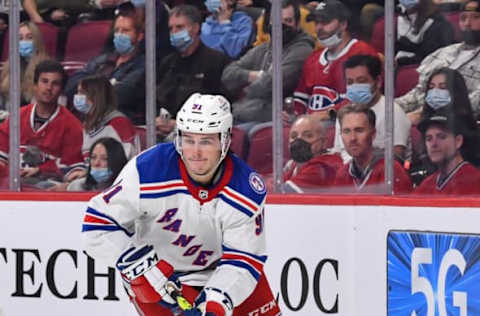 MONTREAL, QC – OCTOBER 16: Sammy Blais #91 of the New York Rangers skates the puck against the Montreal Canadiens during the second period at Centre Bell on October 16, 2021, in Montreal, Canada. The New York Rangers defeated the Montreal Canadiens 3-1. (Photo by Minas Panagiotakis/Getty Images)