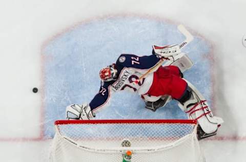 NHL Power Rankings: Columbus Blue Jackets goalie Sergei Bobrovsky (72) makes a save in the first period against the Minnesota Wild forward Zach Parise (not pictured) at Xcel Energy Center. The Blue Jackets beat the Wild 4-2. Mandatory Credit: Brad Rempel-USA TODAY Sports