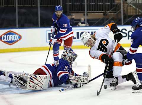 Igor Shesterkin #31 of the New York Rangers stops a shot by Wade Allison #57 of the Philadelphia Flyers Credit: Elsa/POOL PHOTOS-USA TODAY Sports