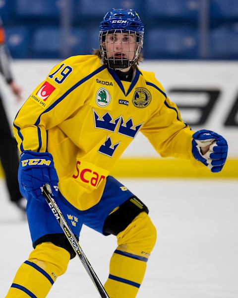 PLYMOUTH, MI – FEBRUARY 15: Nils Hoglander #19 of the Sweden Nationals follows the play against the Finland Nationals during the 2018 Under-18 Five Nations Tournament game at USA Hockey Arena on February 15, 2018 in Plymouth, Michigan. Finland defeated Sweden 5-3. (Photo by Dave Reginek/Getty Images)*** Local Caption *** Nils Hoglander