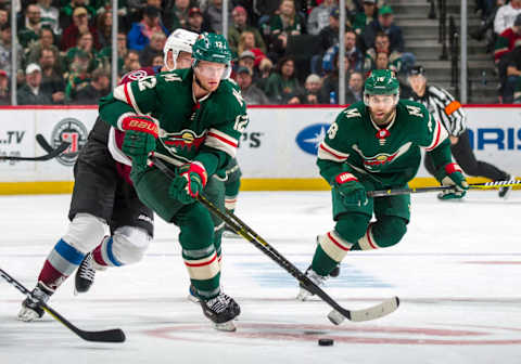 ST. PAUL, MN – OCTOBER 27: Eric Staal #12 of the Minnesota Wild skates with the puck during a game between the Minnesota Wild and Colorado Avalanche at Xcel Energy Center on October 27, 2018 in St. Paul, Minnesota. The Wild defeated the Avalanche 3-2.(Photo by Bruce Kluckhohn/NHLI via Getty Images)