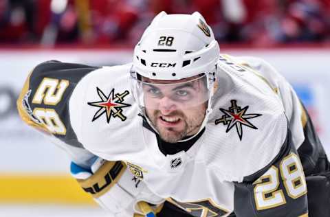 MONTREAL, QC – NOVEMBER 07: William Carrier #28 of the Vegas Golden Knights looks on before a face-off against the Montreal Canadiens during the NHL game at the Bell Centre on November 7, 2017, in Montreal, Quebec, Canada. The Montreal Canadiens defeated the Vegas Golden Knights 3-2. (Photo by Minas Panagiotakis/Getty Images)