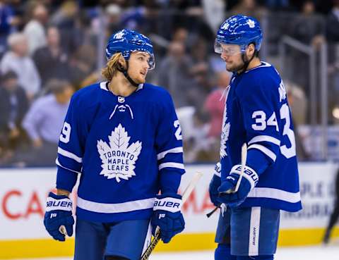 TORONTO, ON – DECEMBER 6: William Nylander #29 of the Toronto Maple Leafs talks to Auston Matthews #34 at an NHL game against the Detroit Red Wings during the second period at the Scotiabank Arena on December 6, 2018 in Toronto, Ontario, Canada. (Photo by Kevin Sousa/NHLI via Getty Images)