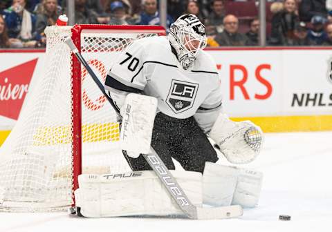 VANCOUVER, CANADA – APR. 2: Goalie Joonas, Korpisalo #70 of the Los Angeles Kings, makes a save during NHL action against the Vancouver Canucks on Apr. 2, 2023, at Rogers Arena in Vancouver, British Columbia, Canada. (Photo by Rich Lam/Getty Images)