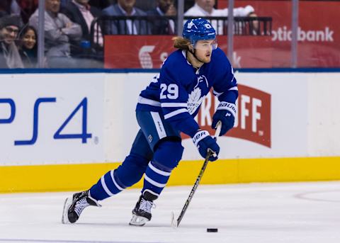 TORONTO, ON – DECEMBER 6: William Nylander #29 of the Toronto Maple Leafs skates with the puck against the Detroit Red Wings during the third period at the Scotiabank Arena on December 6, 2018 in Toronto, Ontario, Canada. (Photo by Kevin Sousa/NHLI via Getty Images)