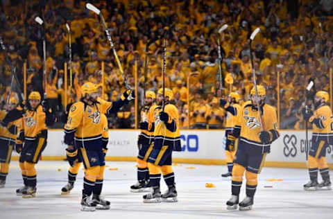 NASHVILLE, TN – JUNE 5: The Nashville Predators celebrate defeating the Pittsburgh Penguins in game four of the 2017 Stanley Cup Final at Bridgestone Arena. (Photo by Christopher Hanewinckel/USA TODAY Sports)