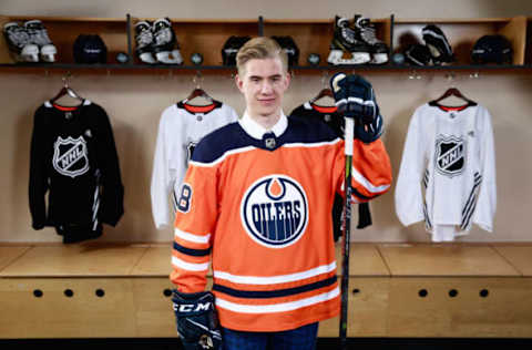 DALLAS, TX – JUNE 23: Ryan McLeod poses for a portrait after being selected 40th overall by the Edmonton Oilers during the 2018 NHL Draft at American Airlines Center on June 23, 2018 in Dallas, Texas. (Photo by Jeff Vinnick/NHLI via Getty Images)