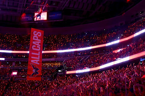 WASHINGTON, DC – JUNE 02: The Washington Capitals mascot Slapshot takes part in the pregame introductions prior to Game Three of the 2018 NHL Stanley Cup Final against the Vegas Golden Knights at Capital One Arena on June 2, 2018 in Washington, DC. (Photo by Gregory Shamus/Getty Images)