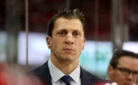 RALEIGH, NC – MARCH 28: Rod Brind’Amour head coach of the Carolina Hurricanes watches action on the ice during an NHL game against the Washington Capitals on March 28, 2019 at PNC Arena in Raleigh, North Carolina. (Photo by Gregg Forwerck/NHLI via Getty Images)