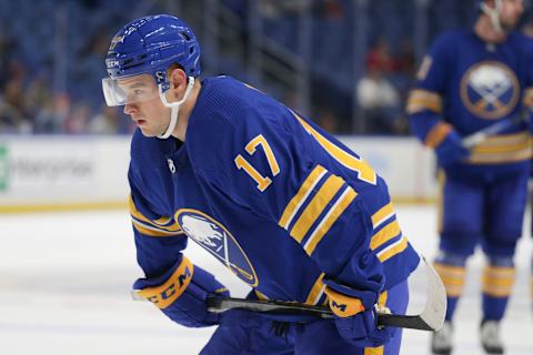 BUFFALO, NEW YORK – SEPTEMBER 27: Brandon Biro #17 of the Buffalo Sabres skates during the first period against the Philadelphia Flyers at KeyBank Center on September 27, 2022 in Buffalo, New York. (Photo by Joshua Bessex/Getty Images)