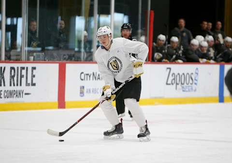 LAS VEGAS, NV – JUNE 29: Vegas Golden Knights Kaedan Korczak (20) controls the puck during a scrimmage game at the Vegas Golden Knights Development Camp Saturday, June 29, 2019, at City National Arena in Las Vegas, NV. (Photo by Marc Sanchez/Icon Sportswire via Getty Images)