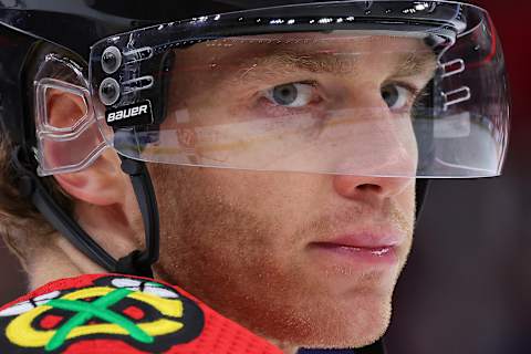 CHICAGO, ILLINOIS – FEBRUARY 21: Patrick Kane #88 of the Chicago Blackhawks looks on prior to the game against the Vegas Golden Knights at United Center on February 21, 2023, in Chicago, Illinois. (Photo by Michael Reaves/Getty Images)