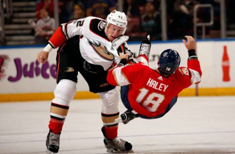 SUNRISE, FL – OCTOBER 26: Josh Manson #42 of the Anaheim Ducks fights with Micheal Haley #18 of the Florida Panthers. (Photo by Eliot J. Schechter/NHLI via Getty Images)