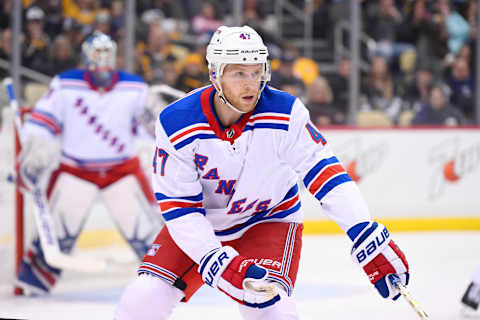 PITTSBURGH, PA – JANUARY 14: New York Rangers Defenseman Steven Kampfer (47) looks on during the second period in the NHL game between the Pittsburgh Penguins and the New York Rangers on January 14, 2018, at PPG Paints Arena in Pittsburgh, PA. The Penguins defeated the Rangers 5-2. (Photo by Jeanine Leech/Icon Sportswire via Getty Images)