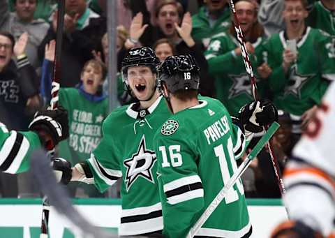 DALLAS, TEXAS – MARCH 03: John Klingberg #3 of the Dallas Stars celebrates his goal with Joe Pavelski #16 in the third period against the Edmonton Oilers at American Airlines Center on March 03, 2020 in Dallas, Texas. (Photo by Ronald Martinez/Getty Images)